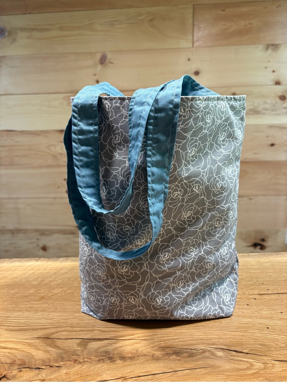 Floral Pattern Cotton Tote Bag with blue Handles